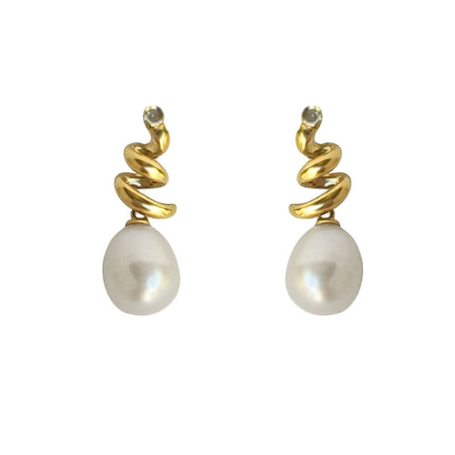 White Freshwater Pearl & Diamond Earrings 14K yellow gold NWT $295