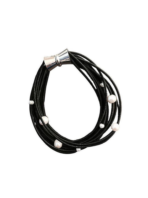Sea Lily Black Piano Wire & White Freshwater Pearl Bracelet 583
