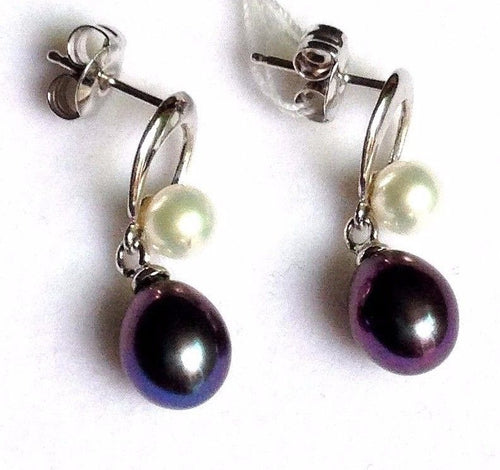 Genuine Black & White Freshwater Pearl Drop Earrings14K white gold $275