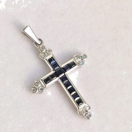 14k White Gold & Genuine Blue Sapphire Cross Pendant NWT $800