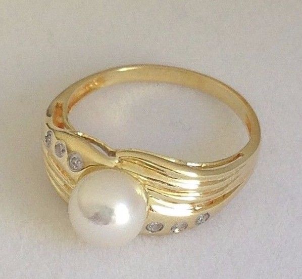 7mm cultured pearl and diamond 14K yellow gold ring $550 NWT