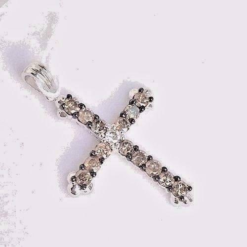 14k White Gold & Genuine White and Champagne Diamonds Cross Pendant NWT $1060