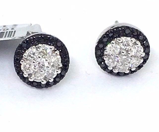 14K White Gold Genuine Black & White Diamond Stud Earrings NWT $1764