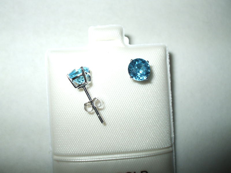 Round Blue Topaz Earrings 2 ct 6mm 14K white gold $340