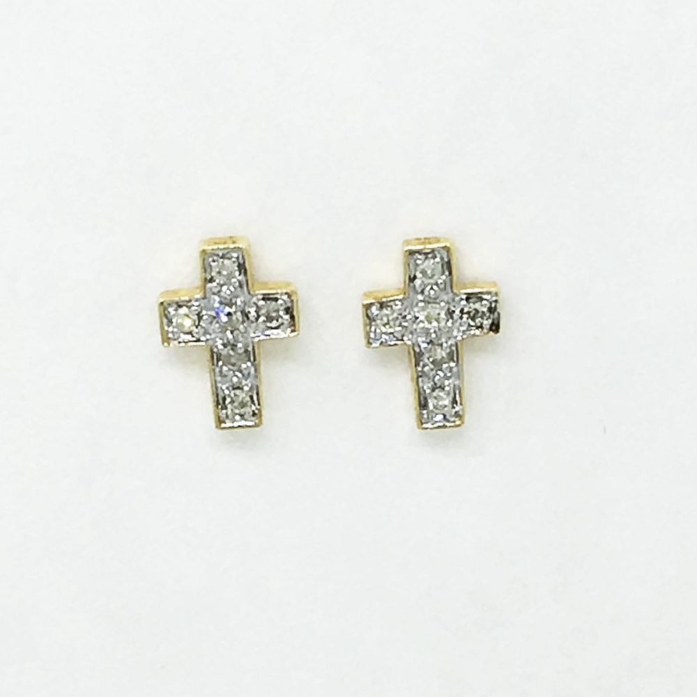 14K Yellow Gold & Genuine Diamond Cross Post Earrings 0.11 cttw NWT $700