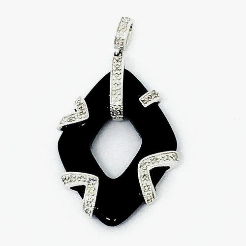 14K White Gold & Genuine Onyx & Diamond Pendant NWT $590