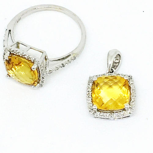 14K White Gold Genuine Citrine/Diamond Ring & Pendant Set NWT $1190