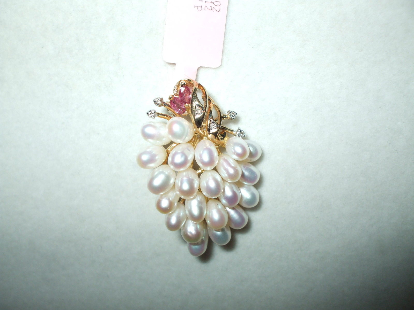 Genuine Freshwater Pearl, Ruby & Diamond Pin 14K yellow gold $1400